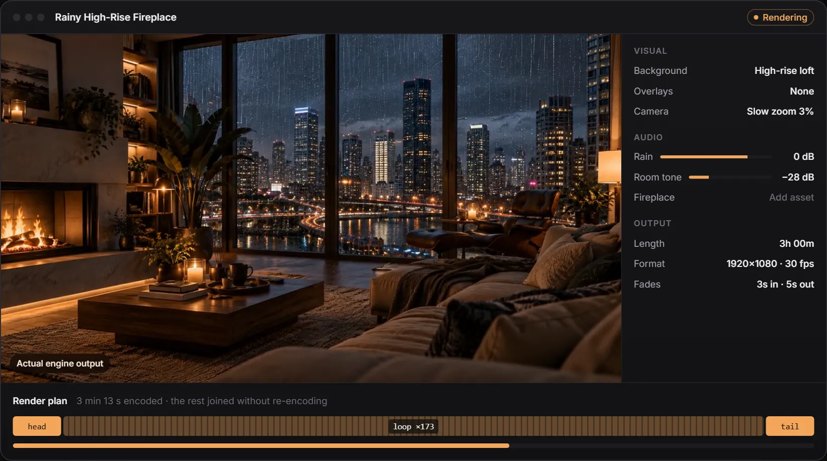 Content Engine's project view for "Rainy High-Rise Fireplace" showing a rendered frame of a high-rise loft with a fireplace and rainy city view, audio levels for rain and room tone, a 3-hour output length, and a render plan of head, loop ×173 and tail.