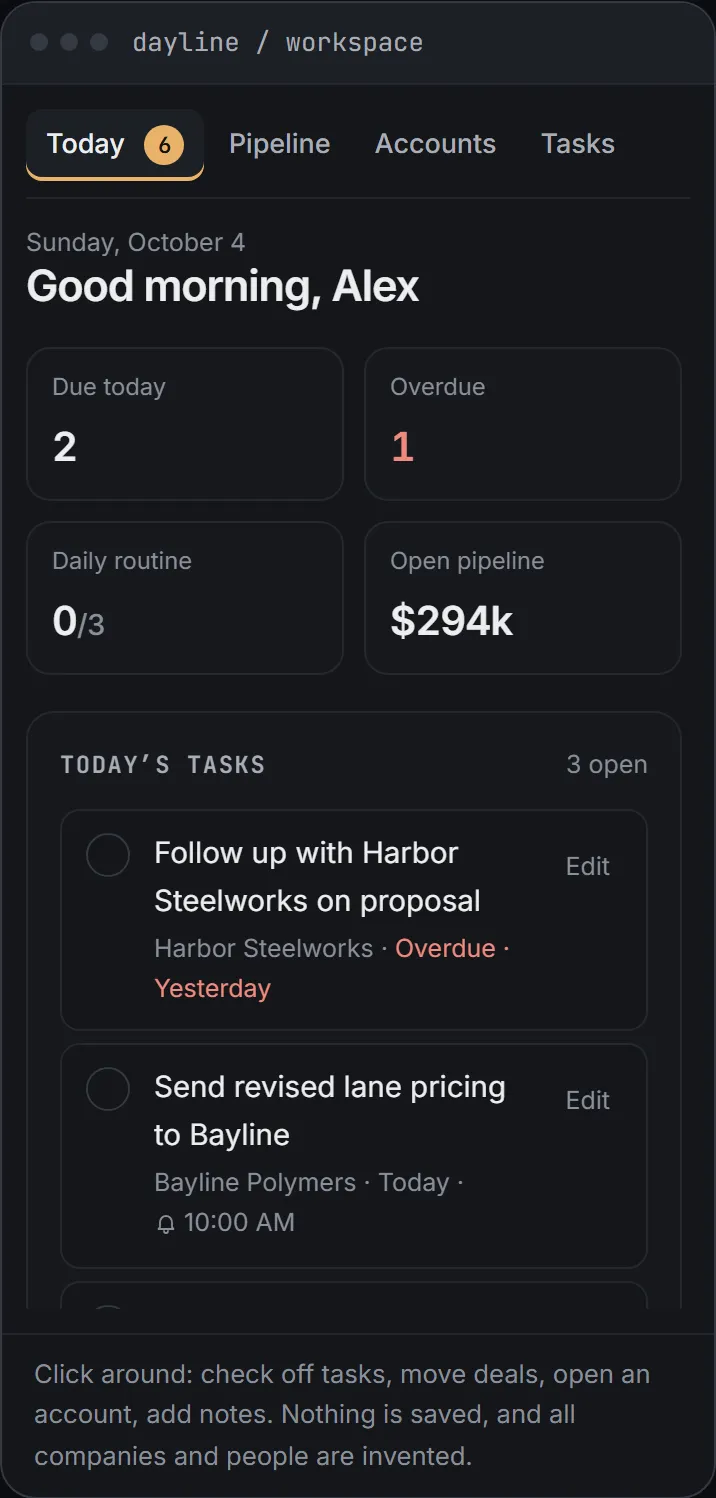 The CRM's Today view on a phone, with tabs for Today, Pipeline, Accounts and Tasks. Sample data.