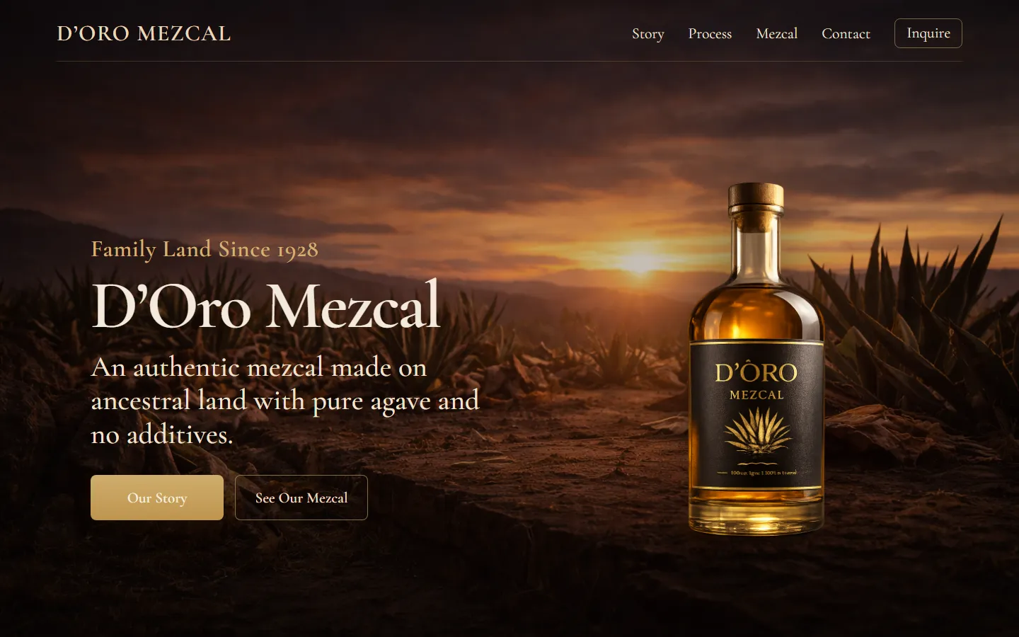 D'Oro Mezcal homepage showing a bottle against an agave field at sunset.