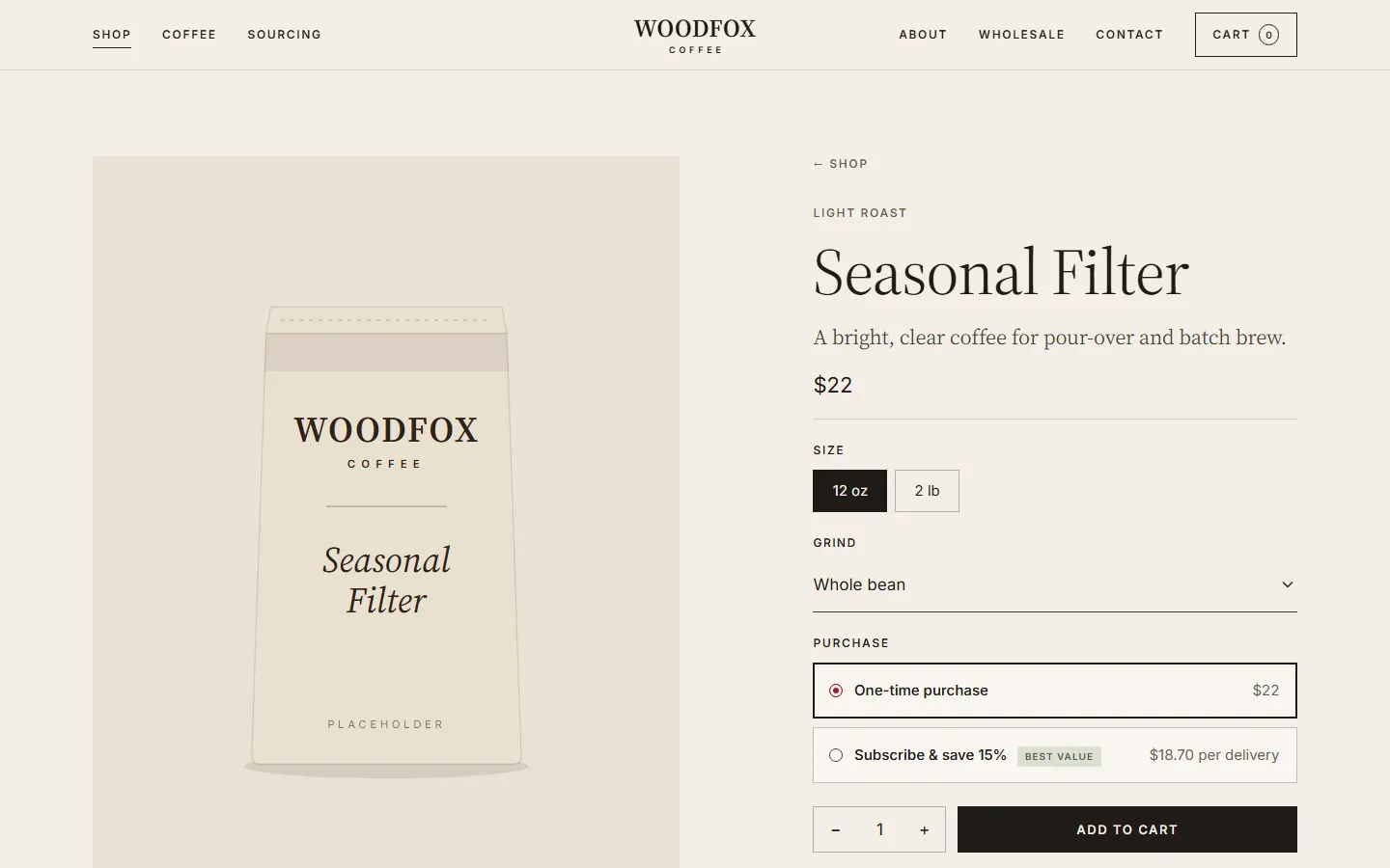 A Woodfox product page with size, grind and subscribe-and-save options. Placeholder product.